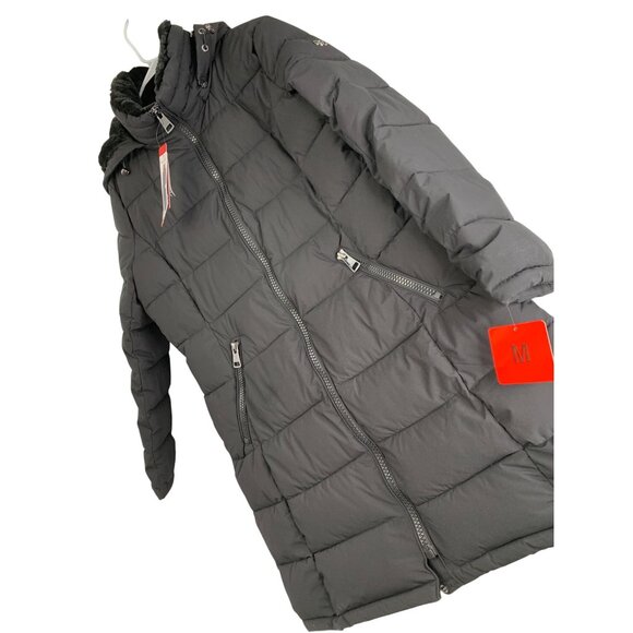 Andrew Marc Stretch Puffer Jacket M Black Removable Fur Hood RGG10697 NWT - Picture 1 of 13